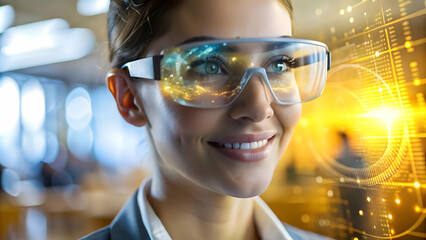 Close Up of Person in AR Glasses Showing Holographic Data Fusion of Technology and Happiness in Futuristic Remote Work - Macro Shot of Augmented Reality Concept