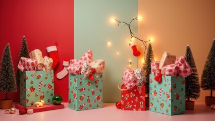 Colorful Holiday Gift Bags with Decorations and Lights