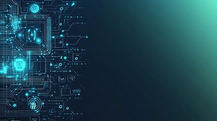 Poster - Abstract digital circuit board with glowing blue icons on a dark green background.