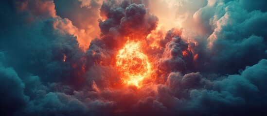 Wall Mural - Dramatic sky with dark clouds and a fiery glow in the center.