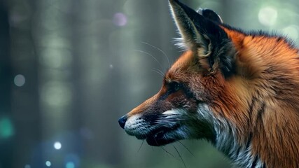 Poster - Majestic Red Fox in a Misty Forest - Close-Up Wildlife Photography in Serene Natural Habitat