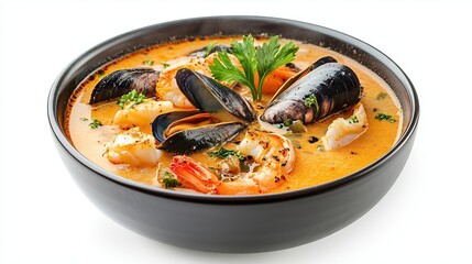 Cream soup with seafood on white background