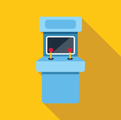 Poster - blue retro arcade game console with two joysticks is standing on yellow background, gaming concept