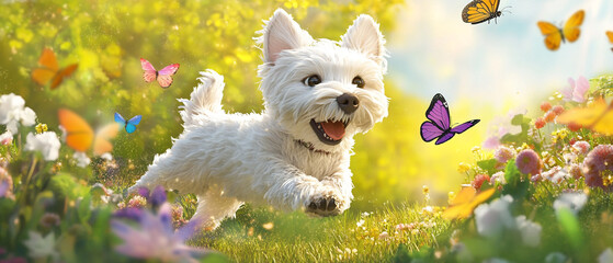 Sticker - West Highland White Terrier Dog Playfully Chasing Colorful Butterflies in a Sunny Garden