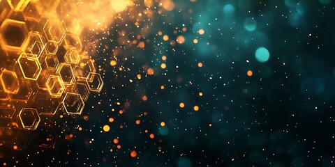 Golden and green abstract background hexagon pattern wallpaper, illustration random design and bokeh lights