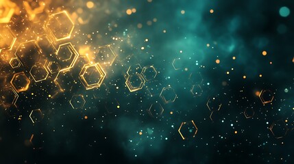 Golden and green abstract background hexagon pattern wallpaper, illustration random design and bokeh lights
