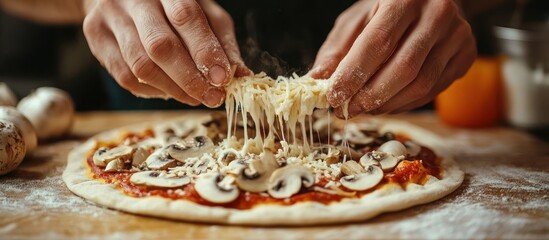 Wall Mural - Close-up of hands adding mozzarella cheese to a pizza topped with mushrooms and tomato sauce.