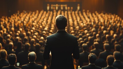 A business leader giving a presentation in front of a large corporate audience