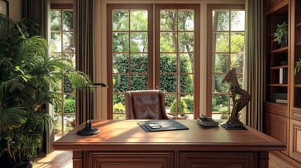 Poster - Elegant European-style home office with a large wooden desk, leather chair, and a view of a lush garden through French doors. c95e75a23cfd