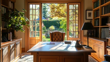 Poster - Elegant European-style home office with a large wooden desk, leather chair, and a view of a lush garden through French doors. c95e75a23cfd