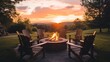 © Intach - Rustic wooden chairs surrounding a fire pit in a backyard patio, as the sun sets and the sky glows orange and pink.