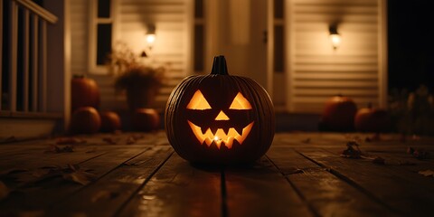 Scary Halloween pumpkin with orange lights as eyes, nose and mouth, background of a defocused house