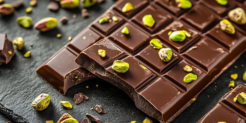 Sweet chocolate bar made of little cubes with pistachio inside of it, delicious high quality chocolate bar