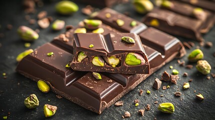 Sweet chocolate bar made of little cubes with pistachio inside of it, delicious high quality chocolate bar