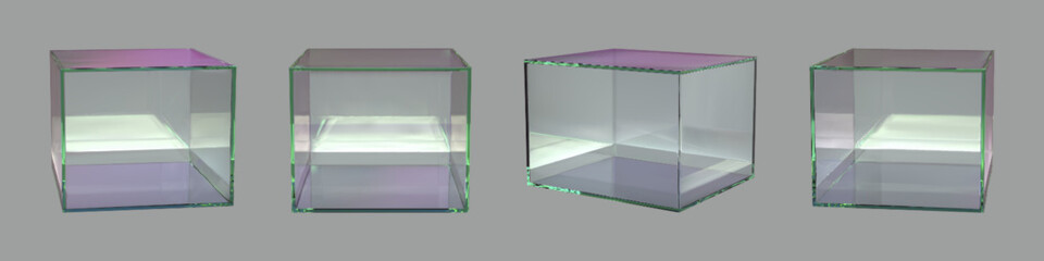 Poster - Transparent glass cube product podium in different angles of view. Realistic 3d vector set of crystal or plexiglass square stand for display display and presentation. Geometric showcase mockup.
