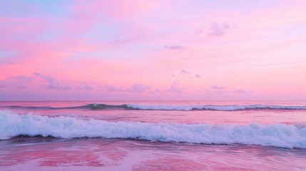 Wall Mural - the ocean glows with pink and purple hues as the sun sets, casting a serene mood over the tranquil w