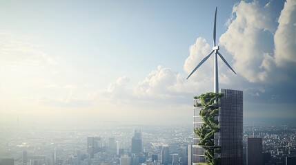 Futuristic Wind Turbine Integrated into Modern Building