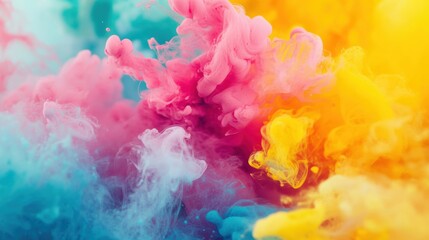 Poster - Vibrant clouds of pink, blue, and yellow ink flow and intermingle in water, creating an eye-catching and dynamic composition of colors