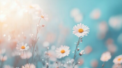 Wall Mural - Bright daisies sway gently in a sunlit field, creating a serene atmosphere with a beautiful soft blue backdrop