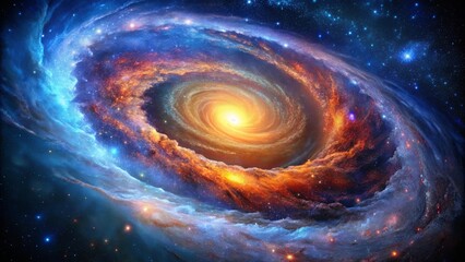 Wall Mural - A Cosmic Tapestry of Swirling Nebulas and Distant Stars, Emblazoned with Radiant Hues of Orange, Blue, and Yellow
