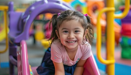 Canvas Print - Little girl smiling on a playground slide. AI.