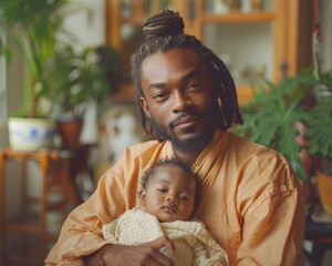 Poster - A father is holding his newborn baby in his arms. AI.