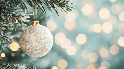 Sticker - The delicate white Christmas bauble hangs gracefully on a pine branch, illuminated by softly glowing lights in the background