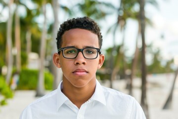 Canvas Print - A young man wearing glasses looks directly at the camera. AI.