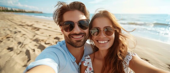 Wall Mural - A couple smiles and takes a selfie on the beach. AI.