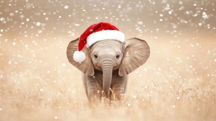 Wall Mural - A baby elephant adorned with a Santa hat happily strolls through a snowy setting, capturing the spirit of the holiday season