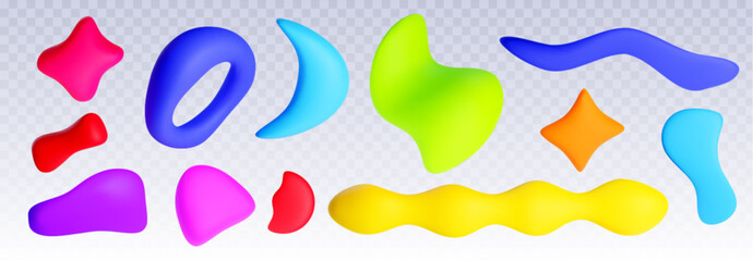 Poster - Color plasticine shapes set isolated on transparent background. Vector realistic illustration of handmade red, blue, green clay arts, creative kids craft school education, modeling dough texture