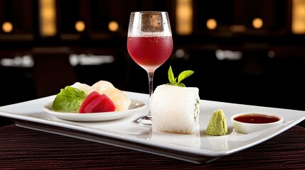 Elegant Sushi Plate with Colorful Garnishes and Drink