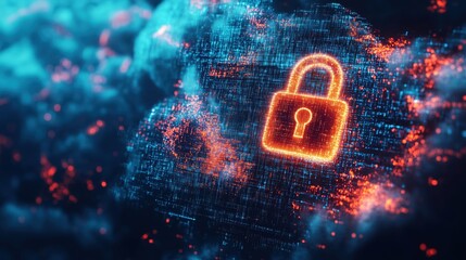 Poster - Digital lock symbol representing cybersecurity, glowing in abstract data cloud