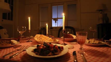 A romantic dinner for two set on a table with candles and wine glasses with a view of the moon through a window.