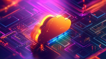 Poster - Cloud computing concept with vibrant neon colors and digital circuits