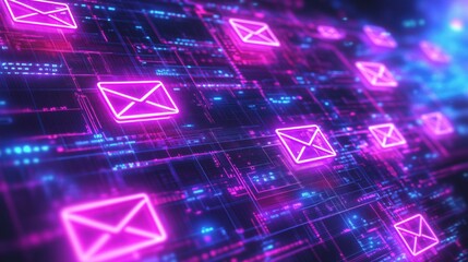 Poster - Digital email icons on neon circuit background, vibrant technology design