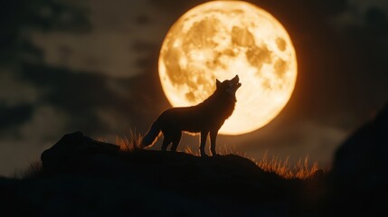  A wolf silhouetted against the full moon, howling from a hill.