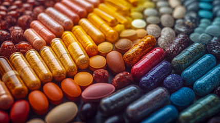 Vibrant background of colorful medical pills showcasing the diversity of the pharmacy industry