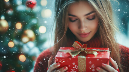 Wall Mural - Young woman enjoying a gift in a festive snowy setting.