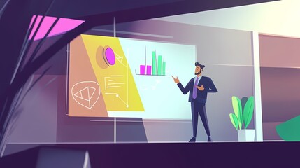 Wall Mural - Businessman presenting data in a modern office setting with vibrant colors.