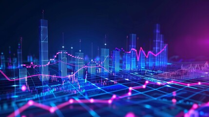 Wall Mural - Futuristic 3D render of stock market and fintech forex concept with blurry blue digital charts on dark blue background, highlighting financial data analysis and technology