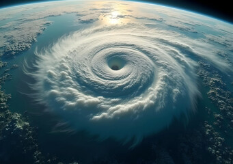 large hurricane spiral over the ocean, satellite view