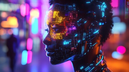 High-tech black skinned illustration of a cyborg face with glowing neon lights and digital binary lines, technology and AI concept