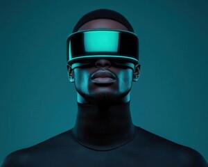 a futuristic figure wearing advanced virtual reality goggles against a vibrant blue background. the 