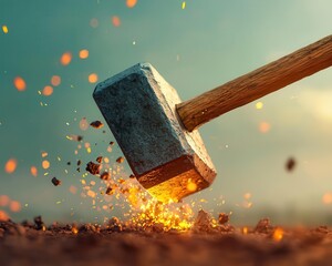 A metal hammer striking the ground, creating sparks and flying debris, showcasing the power of industrial work and craftsmanship in action.