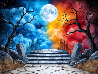 Wall Mural - Mystical Gateway The Contrast of Day and Night in a Surreal Landscape, spooky season haunted graveyard