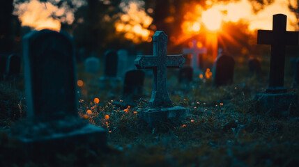 A dark picture showing the outlines of tombstones, crosses, and graves. It's a view of a graveyard.