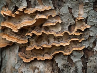 Sticker - A close-up of tree mushrooms, their intricate patterns and textures adding life to the bark