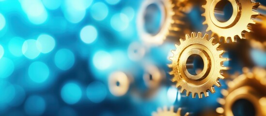 Poster - Golden gears on blue bokeh background, mechanical design, industrial concept