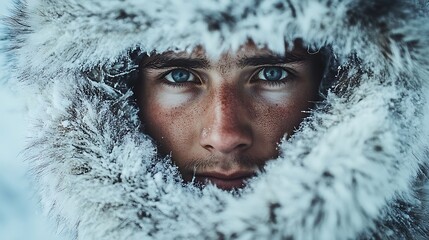Wall Mural - Close-up portrait of a young man wearing a fur-lined hooded jacket, looking directly at the camera with a serious expression.